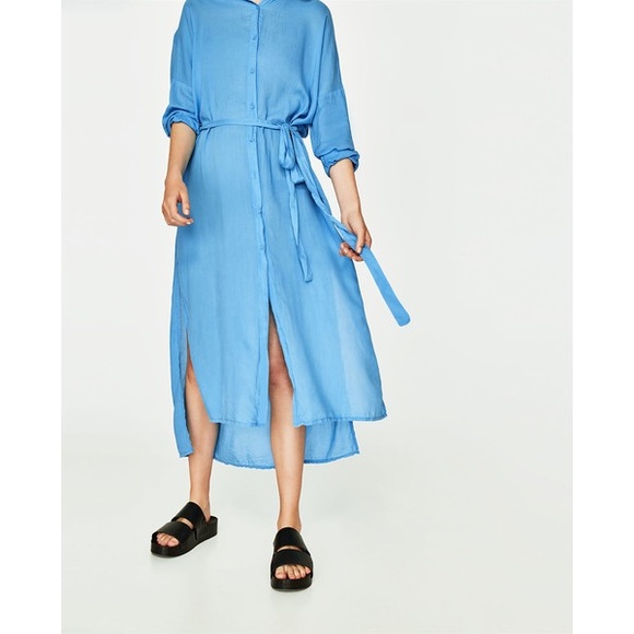 NWT Zara Bright Blue Maxi Shirt Midi  Dress - Picture 3 of 7